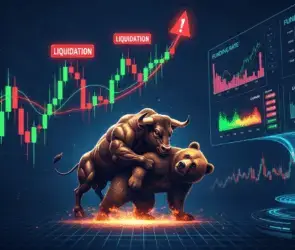 Crypto bull and bear market battle with liquidation alerts and funding rate charts on a trading screen.