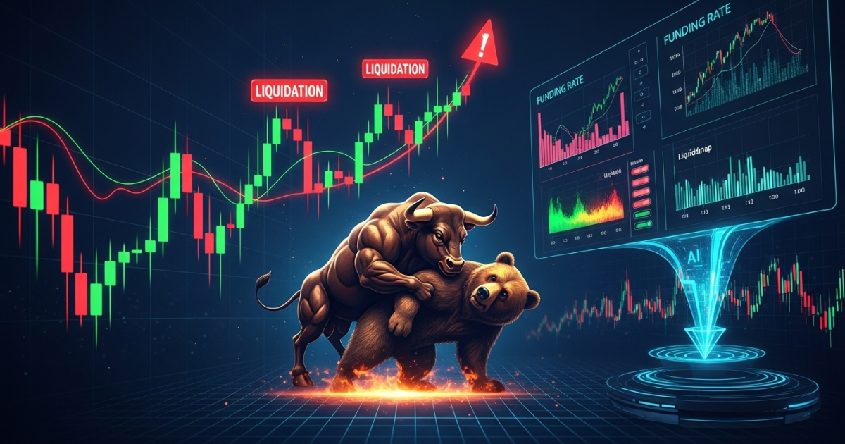 Crypto bull and bear market battle with liquidation alerts and funding rate charts on a trading screen.