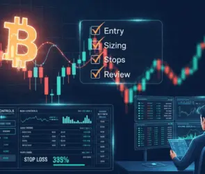 Crypto trader analyzing Bitcoin charts with risk controls, stop loss strategy, and trading checklist on multiple screens.