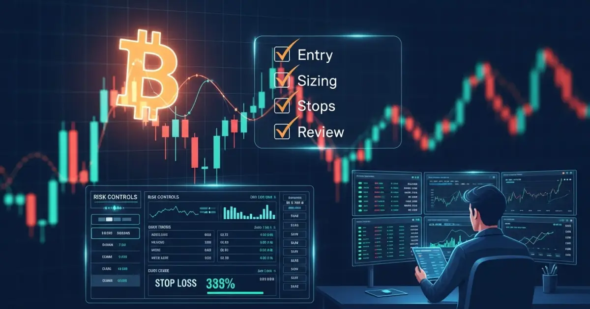 Crypto Trading Risk Management with Bitcoin Charts and Stop Loss Strategy | Bitunix Crypto trader analyzing Bitcoin charts with risk controls, stop loss strategy, and trading checklist on multiple screens.
