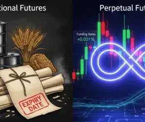 Comparison of traditional futures with expiry dates versus perpetual futures with funding rates in crypto trading.
