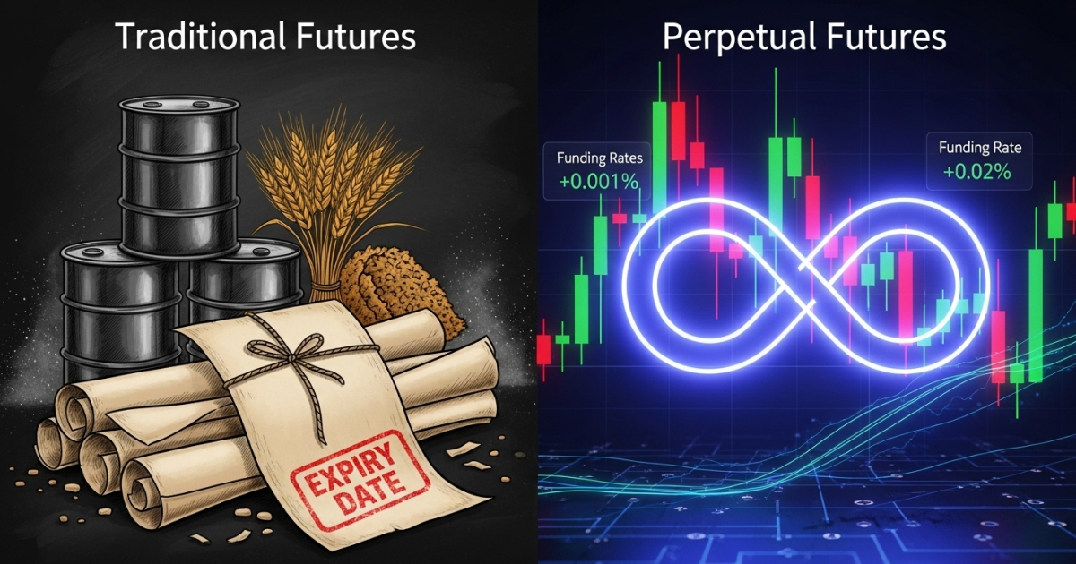Comparison of traditional futures with expiry dates versus perpetual futures with funding rates in crypto trading.