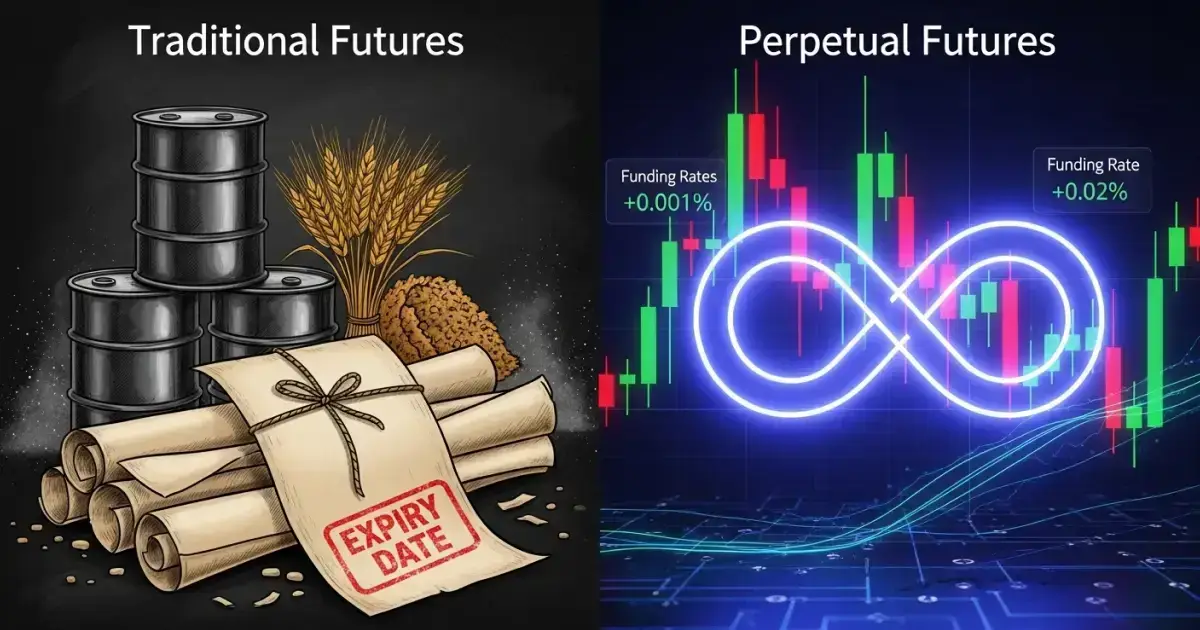 Comparison of traditional futures with expiry dates versus perpetual futures with funding rates in crypto trading.