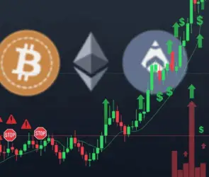 Cryptocurrency trading chart showing strong upward trend with Bitcoin, Ethereum, and altcoin logos, featuring green arrows, dollar signs, and stop signals.