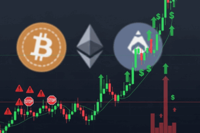 Cryptocurrency trading chart showing strong upward trend with Bitcoin, Ethereum, and altcoin logos, featuring green arrows, dollar signs, and stop signals.