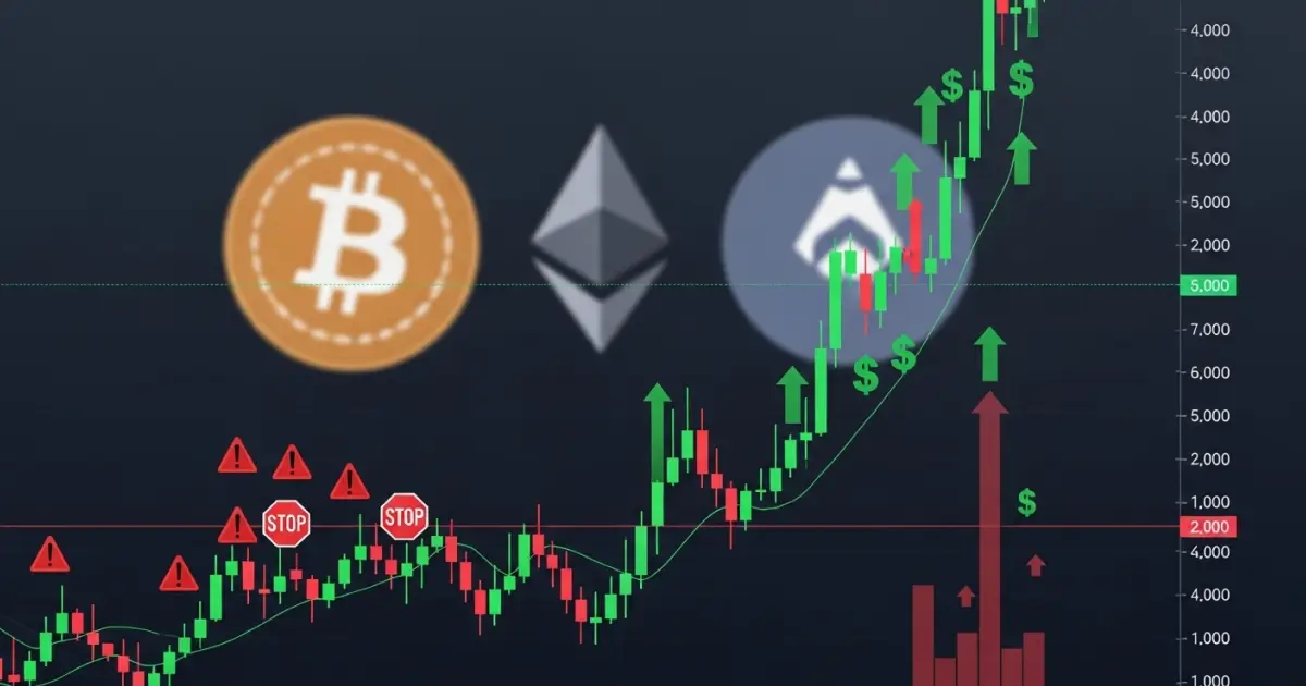 Cryptocurrency trading chart showing strong upward trend with Bitcoin, Ethereum, and altcoin logos, featuring green arrows, dollar signs, and stop signals.