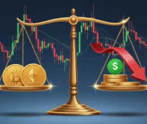 A balanced scale with Bitcoin and Ethereum coins on one side and the US dollar with a red downward arrow on the other, symbolizing hedge strategies in crypto trading against inflation.