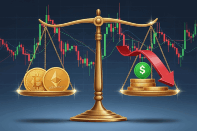 A balanced scale with Bitcoin and Ethereum coins on one side and the US dollar with a red downward arrow on the other, symbolizing hedge strategies in crypto trading against inflation.