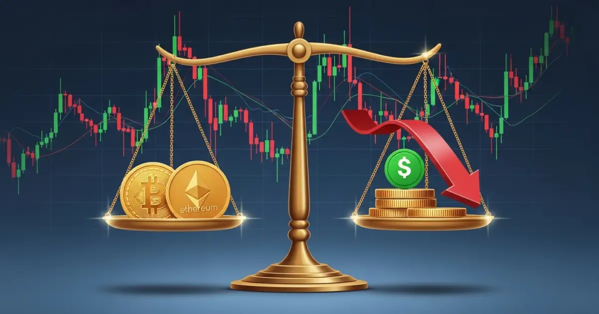 A balanced scale with Bitcoin and Ethereum coins on one side and the US dollar with a red downward arrow on the other, symbolizing hedge strategies in crypto trading against inflation.