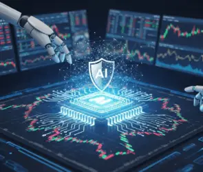Artificial intelligence technology in crypto trading with robots analyzing financial charts and data.