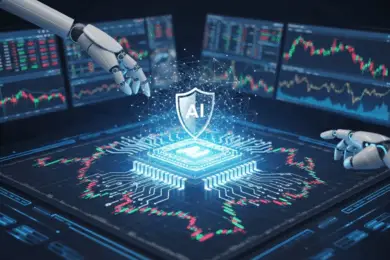 Artificial intelligence technology in crypto trading with robots analyzing financial charts and data.
