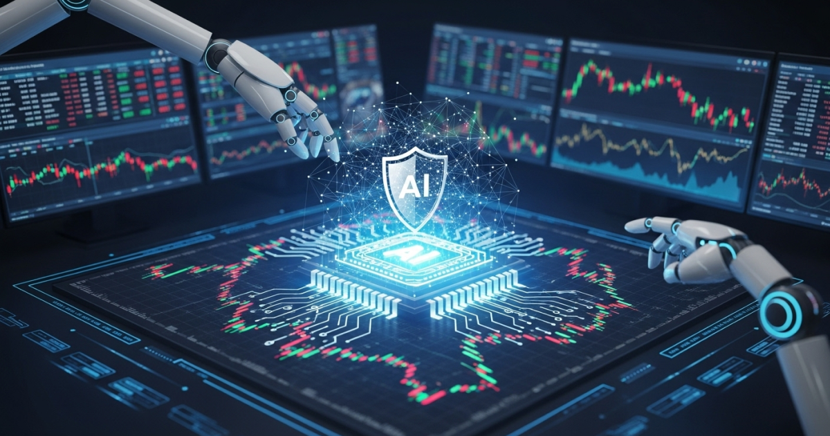 Artificial intelligence technology in crypto trading with robots analyzing financial charts and data.