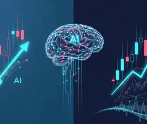Artificial intelligence analyzing financial charts with rising candlestick patterns and market growth trends.