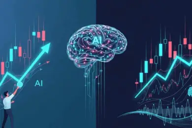 Artificial intelligence analyzing financial charts with rising candlestick patterns and market growth trends.