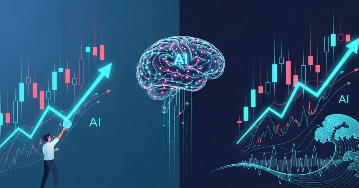 Artificial intelligence analyzing financial charts with rising candlestick patterns and market growth trends.