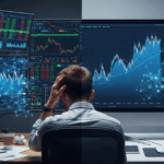 Trader analyzing crypto charts with AI-powered tools on multiple screens, showcasing the impact of artificial intelligence in cryptocurrency trading.