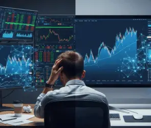Trader analyzing crypto charts with AI-powered tools on multiple screens, showcasing the impact of artificial intelligence in cryptocurrency trading.