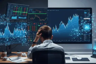 Trader analyzing crypto charts with AI-powered tools on multiple screens, showcasing the impact of artificial intelligence in cryptocurrency trading.
