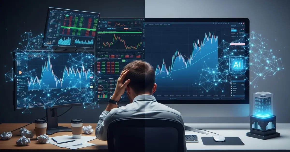 Trader analyzing crypto charts with AI-powered tools on multiple screens, showcasing the impact of artificial intelligence in cryptocurrency trading.