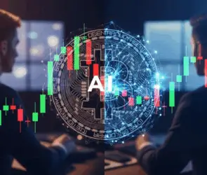 Bitunix Two people sit at desks with computer screens in a dark office, overlaid with a digital graphic of a bitcoin symbol and neural networks, surrounded by abstract circuit lines and candlestick chart patterns.