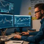 Crypto trader analyzing live market charts and price movements on multiple screens to make informed trading decisions.