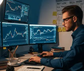 Crypto trader analyzing live market charts and price movements on multiple screens to make informed trading decisions.