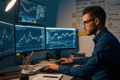 Crypto trader analyzing live market charts and price movements on multiple screens to make informed trading decisions.