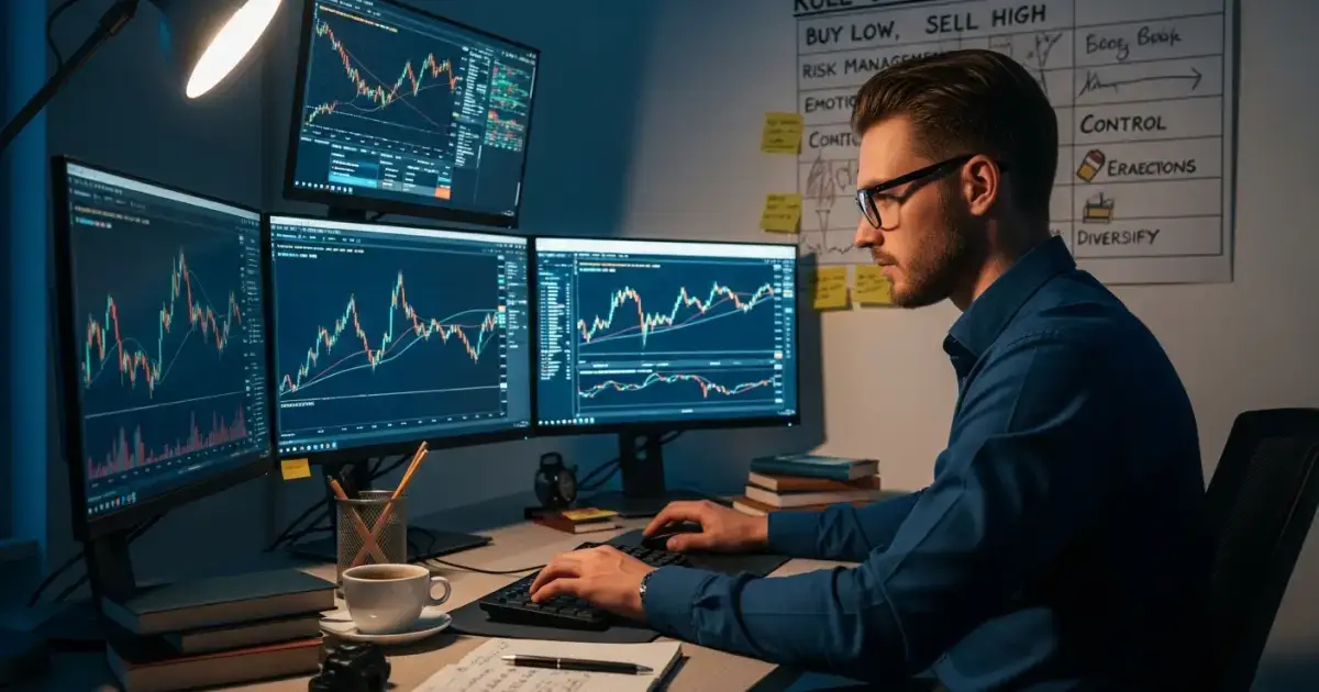 Crypto trader analyzing live market charts and price movements on multiple screens to make informed trading decisions.