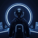Futuristic crypto trader using advanced AI technology with multiple trading dashboards in a digital environment.