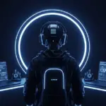 Futuristic crypto trader using advanced AI technology with multiple trading dashboards in a digital environment.