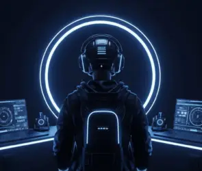 Futuristic crypto trader using advanced AI technology with multiple trading dashboards in a digital environment.