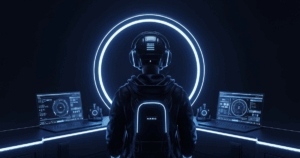 Futuristic crypto trader using advanced AI technology with multiple trading dashboards in a digital environment.