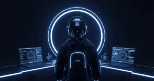 Futuristic crypto trader using advanced AI technology with multiple trading dashboards in a digital environment.