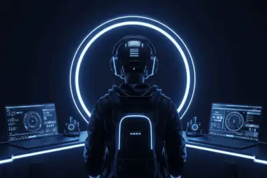 Futuristic crypto trader using advanced AI technology with multiple trading dashboards in a digital environment.