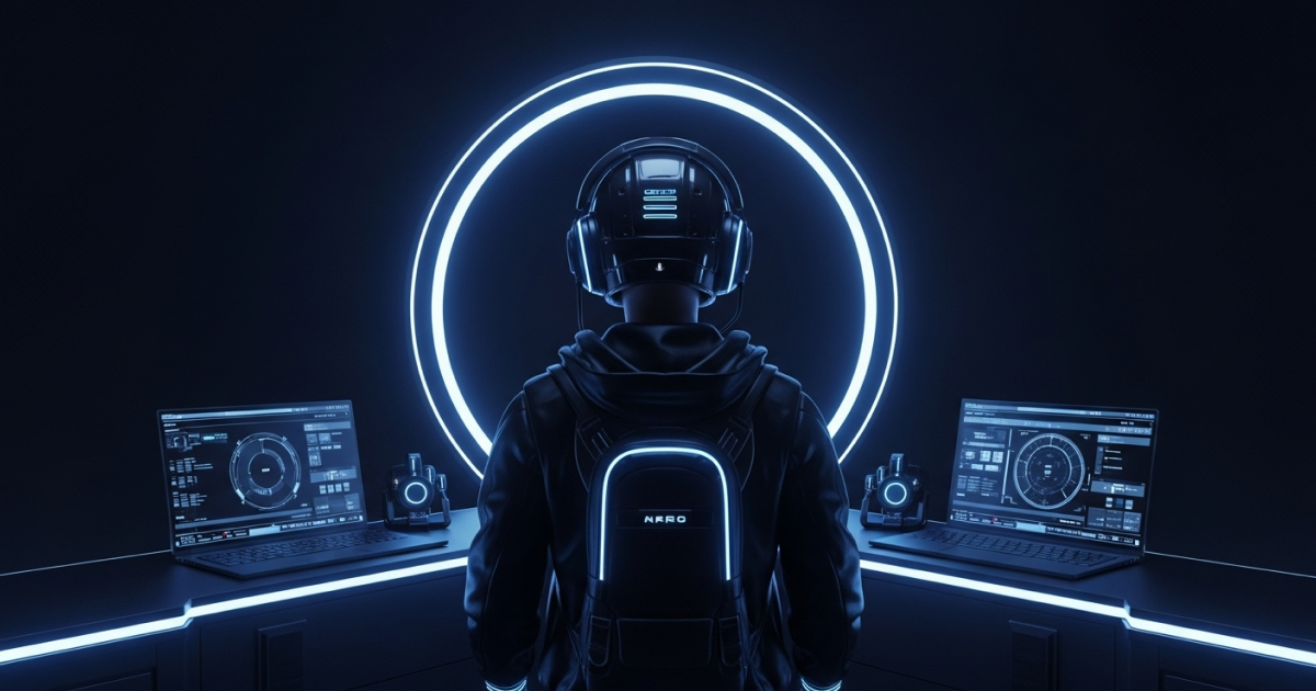 Futuristic crypto trader using advanced AI technology with multiple trading dashboards in a digital environment.
