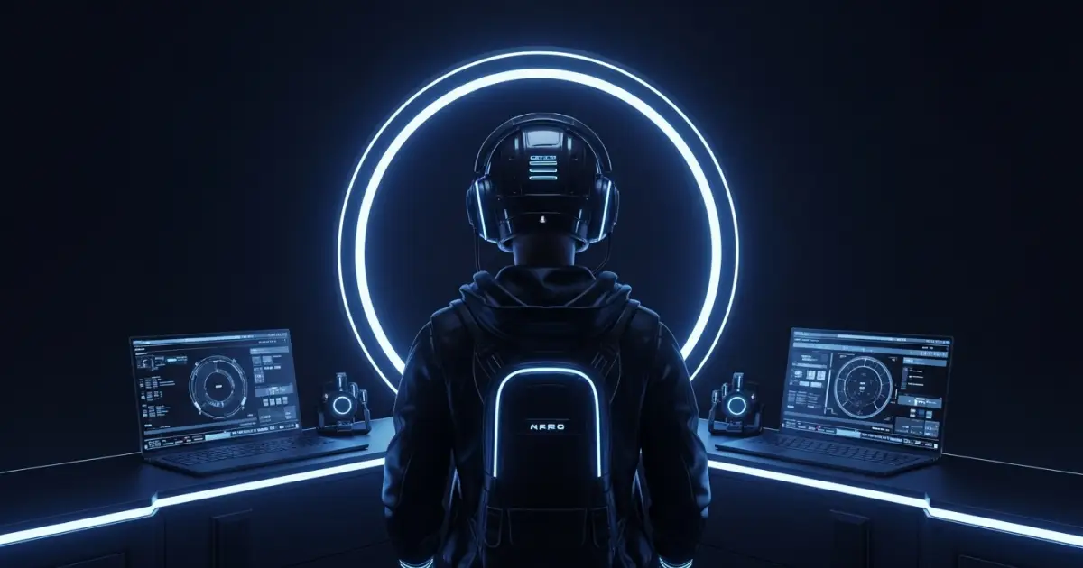 Futuristic crypto trader using advanced AI technology with multiple trading dashboards in a digital environment.