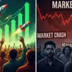 Crypto market volatility showing rockets symbolizing a bull run on one side and panic during a bear run with market crash headlines on the other.