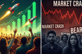 Crypto market volatility showing rockets symbolizing a bull run on one side and panic during a bear run with market crash headlines on the other.