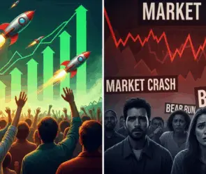 Crypto market volatility showing rockets symbolizing a bull run on one side and panic during a bear run with market crash headlines on the other.