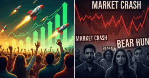 Crypto market volatility showing rockets symbolizing a bull run on one side and panic during a bear run with market crash headlines on the other.