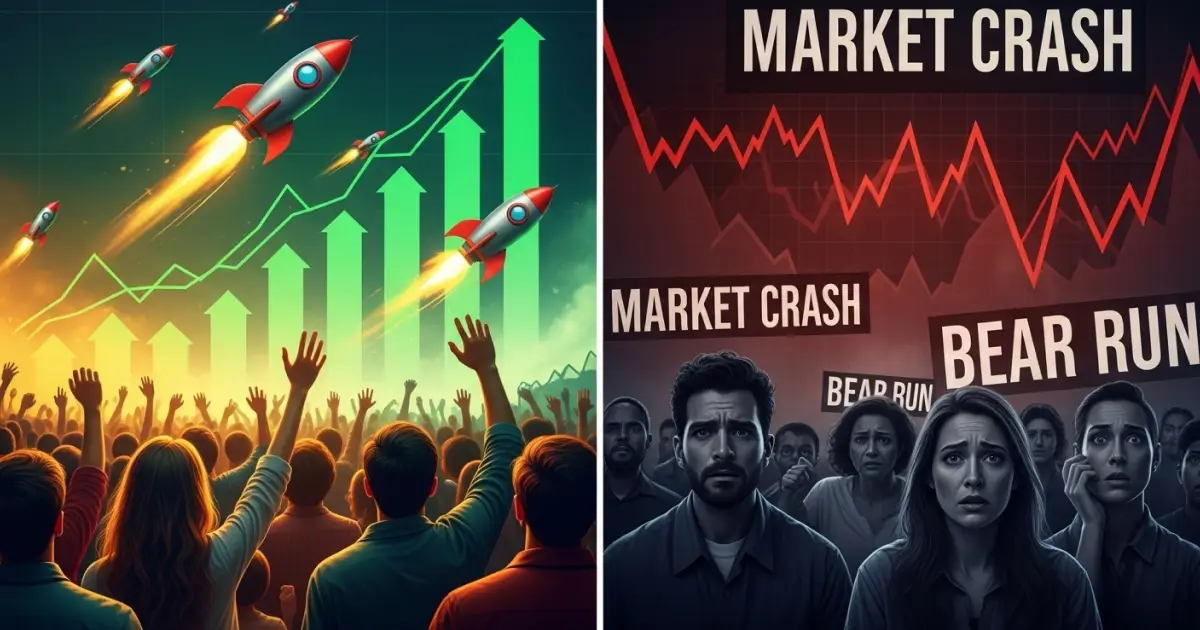 Crypto market volatility showing rockets symbolizing a bull run on one side and panic during a bear run with market crash headlines on the other.