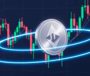Ethereum coin with glowing Bollinger Bands overlay on crypto candlestick chart.