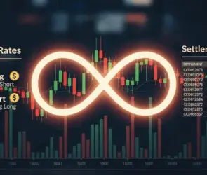 Illustration of perpetual futures showing funding rates and settlement. Longs pay shorts or shorts pay longs based on funding rates, with settlement data displayed.