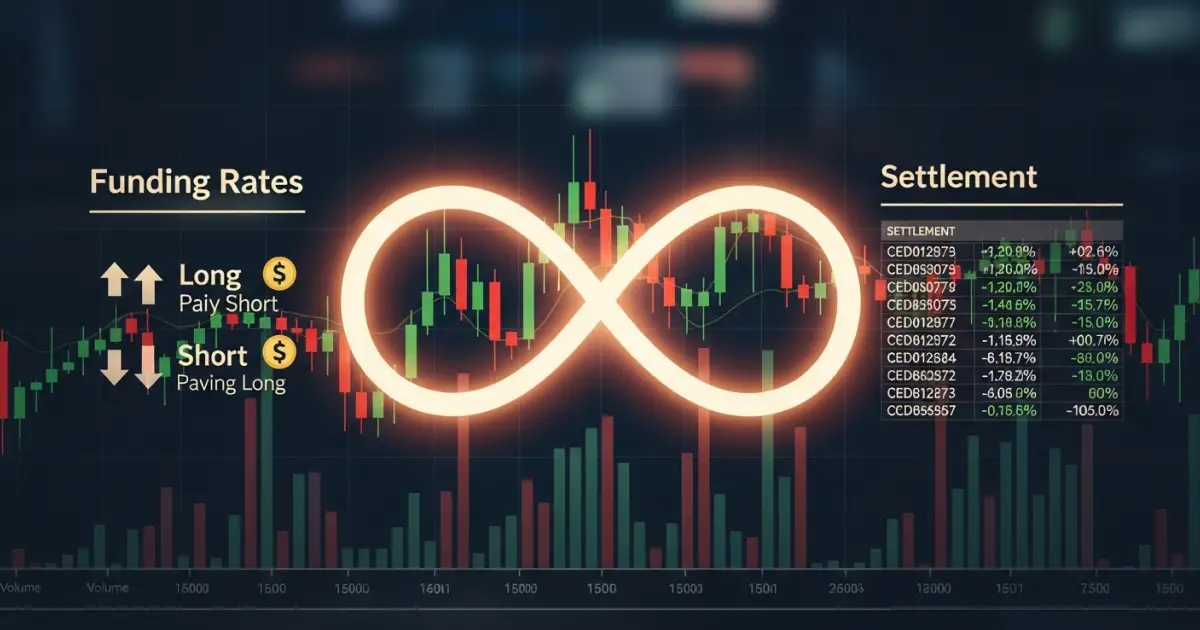 Illustration of perpetual futures showing funding rates and settlement. Longs pay shorts or shorts pay longs based on funding rates, with settlement data displayed.