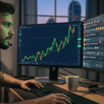 Crypto trader watching charts and social media hype, illustrating FOMO in cryptocurrency trading decisions.