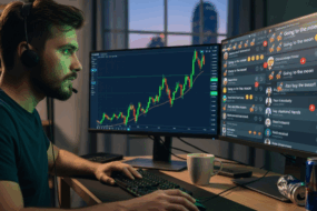 Crypto trader watching charts and social media hype, illustrating FOMO in cryptocurrency trading decisions.