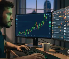 Crypto trader watching charts and social media hype, illustrating FOMO in cryptocurrency trading decisions.