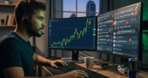 Crypto trader watching charts and social media hype, illustrating FOMO in cryptocurrency trading decisions.