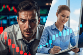 Crypto trading emotions contrasted: a worried trader facing losses versus a disciplined trader following strategy.