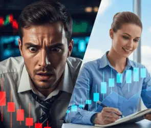 Crypto trading emotions contrasted: a worried trader facing losses versus a disciplined trader following strategy.